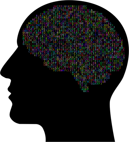 Profile view of a face with multicolored letters outlining where the brain should be.